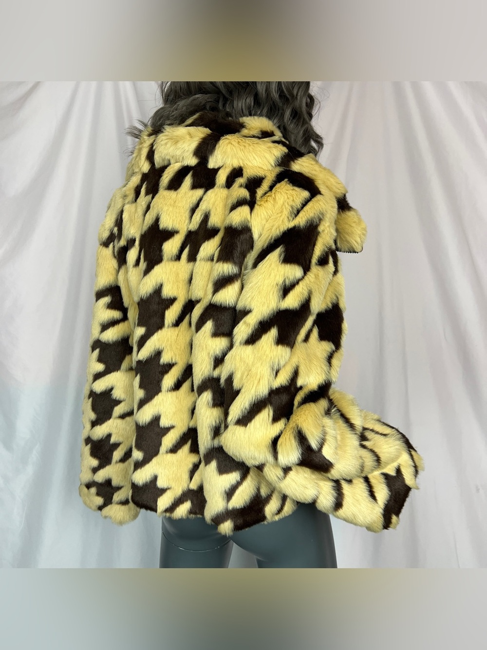 Rare Vintage 90s Brown & Cream Houndstooth Faux Fur & Suede Coat - Picture 7 of 9